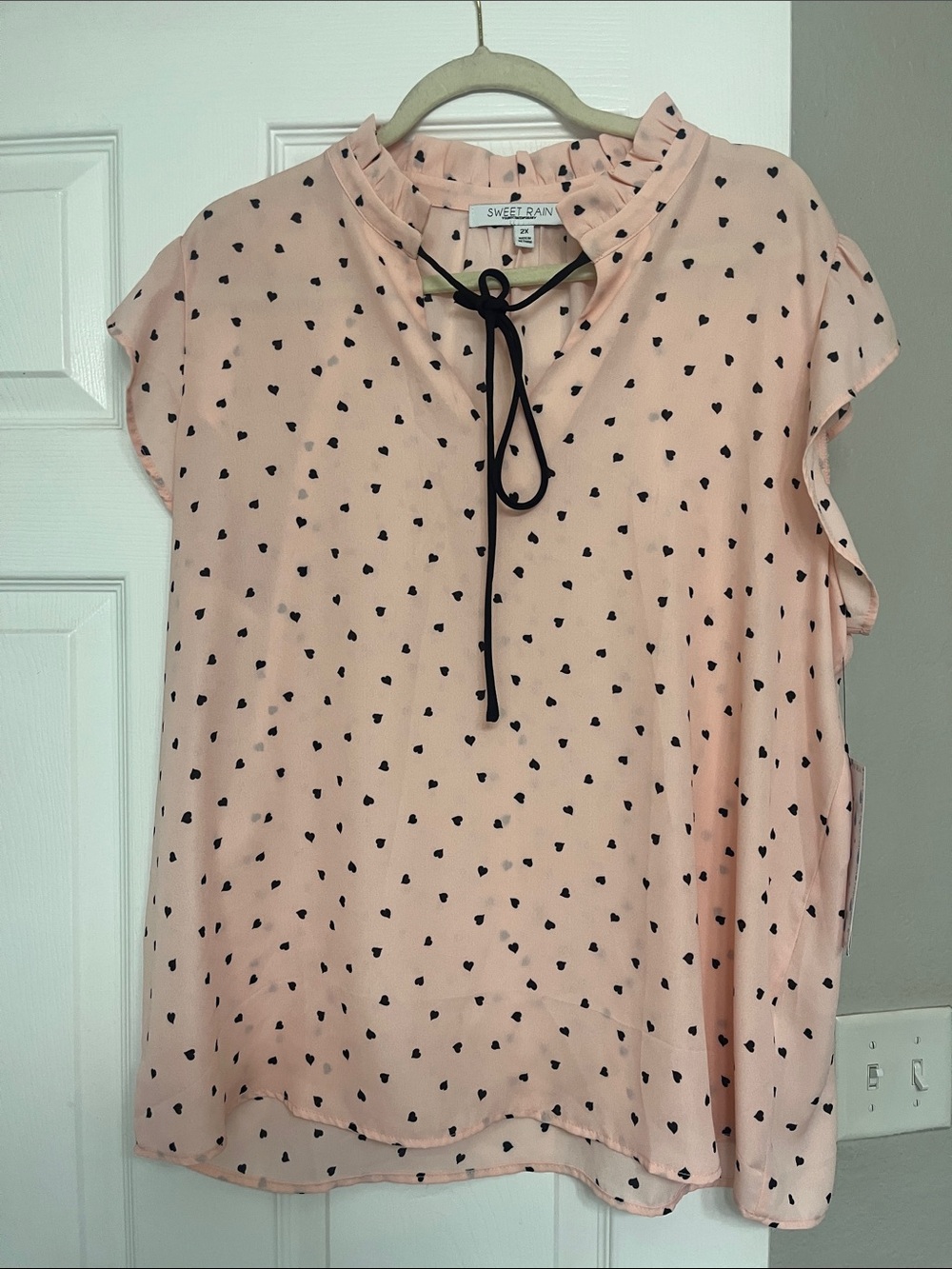 Sweet Rain Blush Pink Heart-Print Tie-Neck Blouse